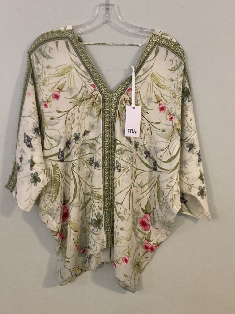 Rose + Olive Boho Chic Floral BLouse Size S Green & Pink Tones
